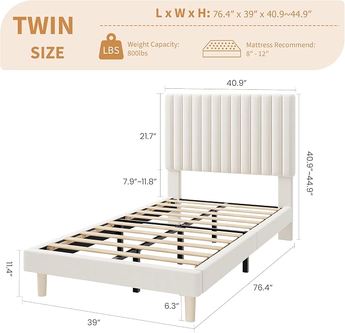 IDEALHOUSE Twin Bed Frame with Adjustable Headboard, Velvet Upholstered Platform Twin Size Bed Frame, Vertical Channel Tufted, Strong Wooden Slats, No Box Spring Needed, Easy Assembly, Beige
