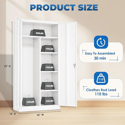 INTERGREAT Metal Storage Cabinet,Armoire Wardrobe Closet with 4 Adjustable Shelves and Hanging Rod,Metal Wardrobe Cabinet with Lockable Doors for Home Office,Warehouse,Garage,White