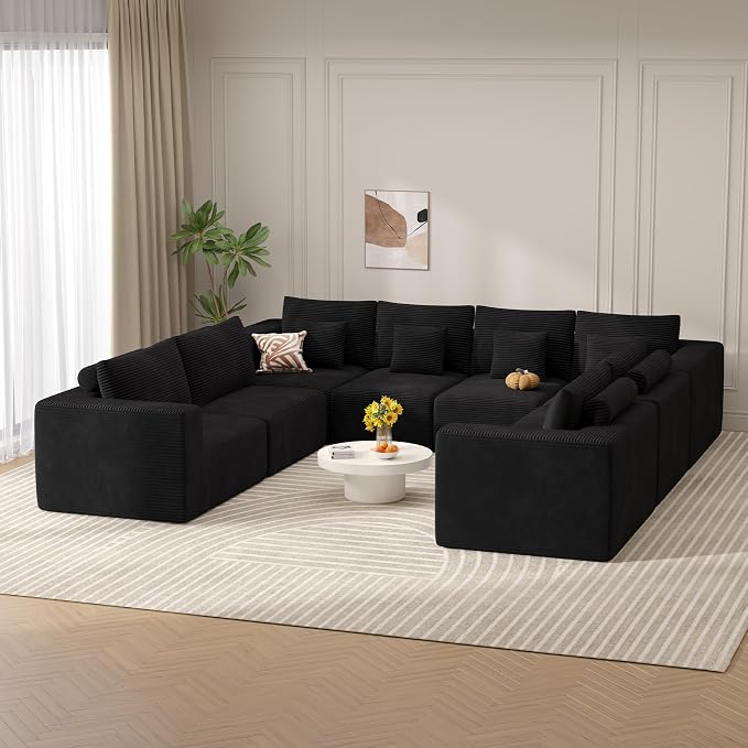 Modern U Shaped Modular Sectional Sofa, Convertible Oversized Cloud Couches for Living Room, Comfy 8 Seater Corduroy Boneless Couch Sofa Set, No Assembly Required, Beige 1 PCS
