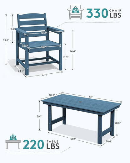 SERWALL 8-Piece Patio Dining Sets with 15FT Double Side Patio Umbrella, Outdoor HDPE Dining Furniture Set with Umbrella Hole Cut-Out Table and 6 Chairs, Blue（Umbrella Base not Included）