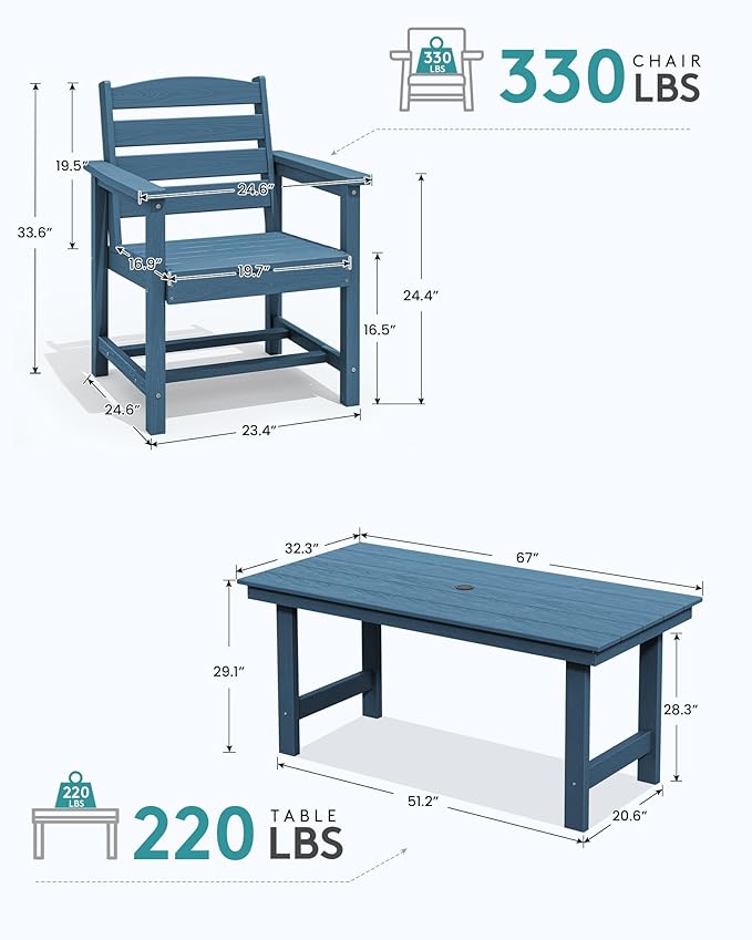 SERWALL 67" Rectangle HDPE Outdoor Dining Table for 6,Blue