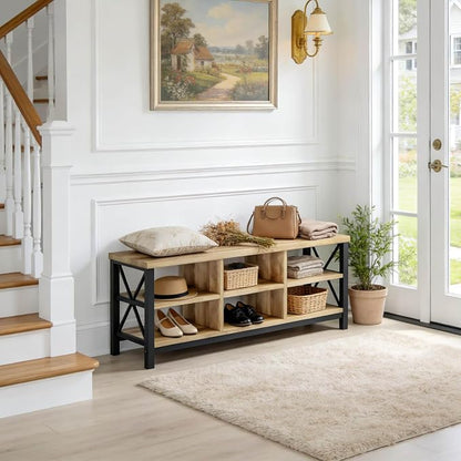 FATORRI Shoe Bench Entryway with Storage, Industrial Wood and Metal Hallway Benches with Adjustable Shelves, Rustic Entry Way Bench for Living Room (47.24 Inch Long, Rustic Oak)