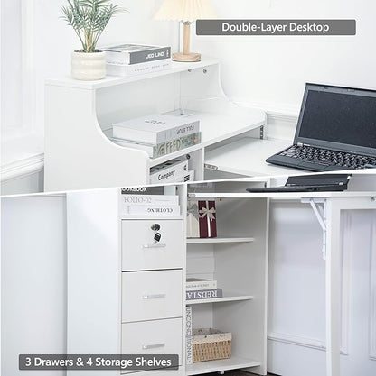 Folding Desk with Storage,Hidden Desk with Lockable Drawers & Shelves, Built-in Power Outlet,Fold Out Desk for Study and Home Office