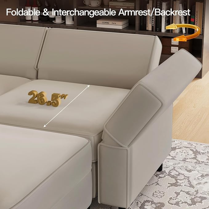 Belffin Modular Velvet Sectional Sofa with Chaise Lounge Sectional Sleeper Sofa with Storage Chaise Bed Couch for Living Room Grey