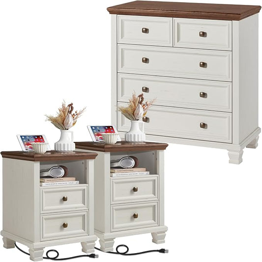 SAVOR LIFE Farmhouse Dresser and Nightstand Sets of 3, 5 Drawer Dresser & 2 Drawer Nightstand, Rustic White Bedroom Furniture Set for Home, Bedroom, Hallway, White