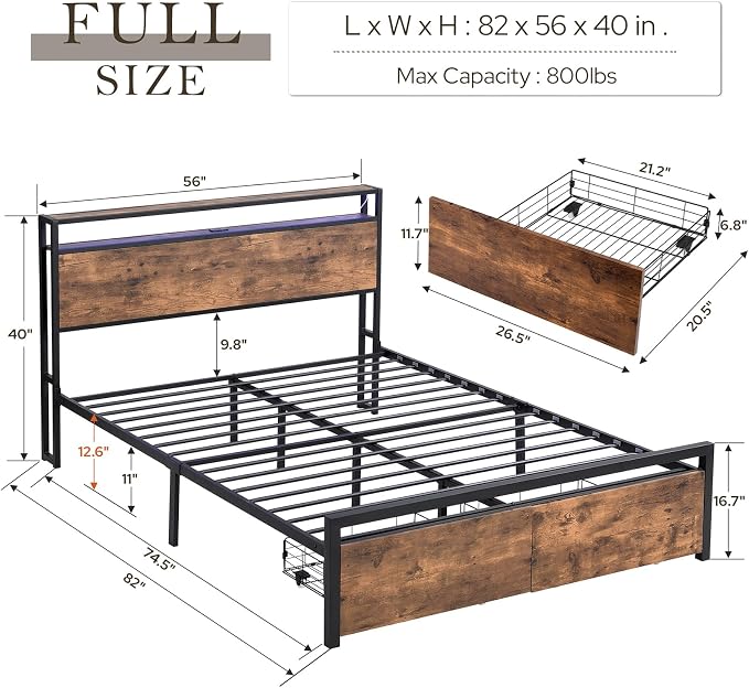 Zevemomo Full Bed Frame with Storage Drawers, Bed Frame Full Size with Headboard, LED Light, Charging Station with 3 USB Ports & 1 Type-C Port, Noiseless, Rustic Brown
