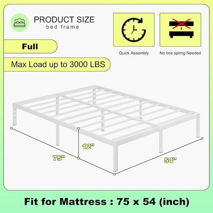 Cieemine 12 Inch White Full Size Bed Frame, Heavy Duty Bed Frame Full Size Mattress Foundation, No Box Spring Needed, Easy Assembly, Noise-Free