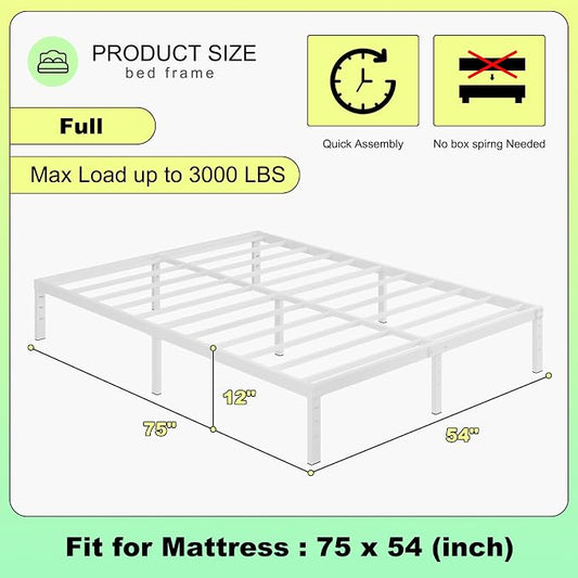 Cieemine 12 Inch White Full Size Bed Frame, Heavy Duty Bed Frame Full Size Mattress Foundation, No Box Spring Needed, Easy Assembly, Noise-Free