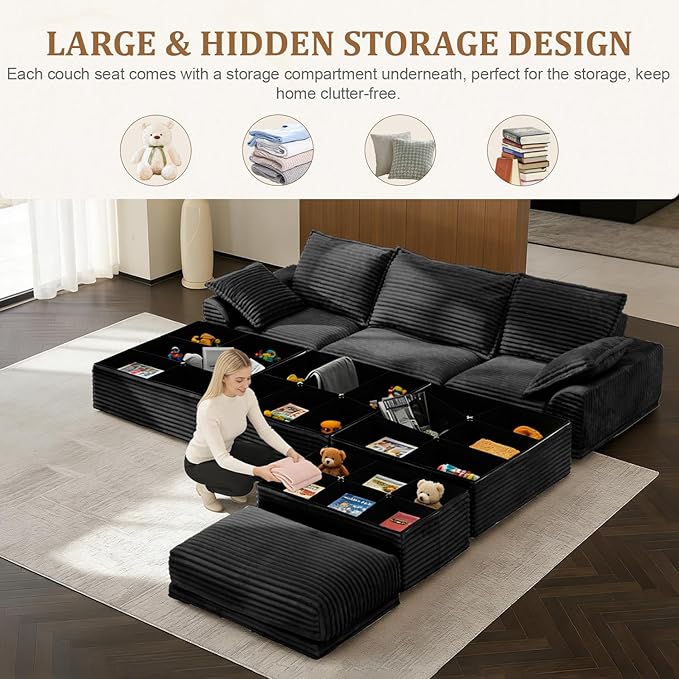 Upgrade Boneless Couch with Storage, Extra Deep&High Seat Modular Sectional Sofa 3 Seater L Shaped Cloud Couch with Ottoman, Tool-Free Assembly Sectional Couches for Living Room, Black