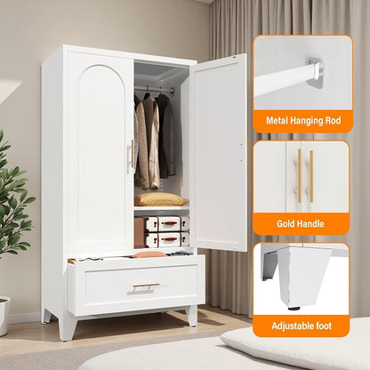 60" Tall Metal Wardrobe Cabinet with 1 Drawer and Hanging Rod, 2 Doors Wardrobe Closet with Shelf for Bedroom, Office, Laundry Room,Entryway,Foyer,Guesthouse White