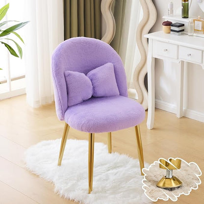 VINGLI Fluffy Girls Vanity Chair with Back & Pillow,Cute Small Cozy Desk Chair No Wheels,Comfy Makeup Ch with Ajustable Gold Legs,for Bedroom,Living Room,Small Space,Purple