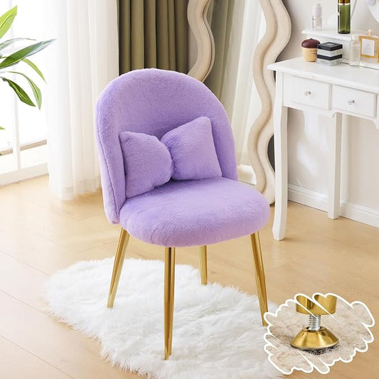 VINGLI Fluffy Girls Vanity Chair with Back & Pillow,Cute Small Cozy Desk Chair No Wheels,Comfy Makeup Ch with Ajustable Gold Legs,for Bedroom,Living Room,Small Space,Purple