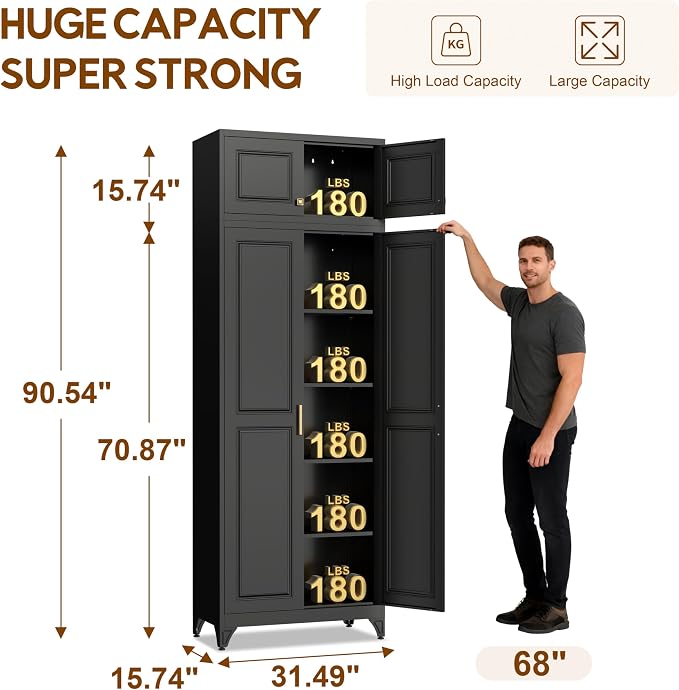 UNICOLY 90.8" H Kitchen Pantry Cabinet, Tall Storage Cabinet with Doors and 4 Shelves, Metal Storage Cabinets for Kitchens, Living Room, Dinning Room, Assembly Required, Black