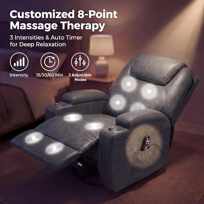 JUMMICO Small Swivel Rocker Recliner, 360 Rocking Chair Recliner with Massage, Upholstered Leathaire Rocker Recliner with Cup Holder for Living Room, Bedroom, Nursery (Dark Gray)