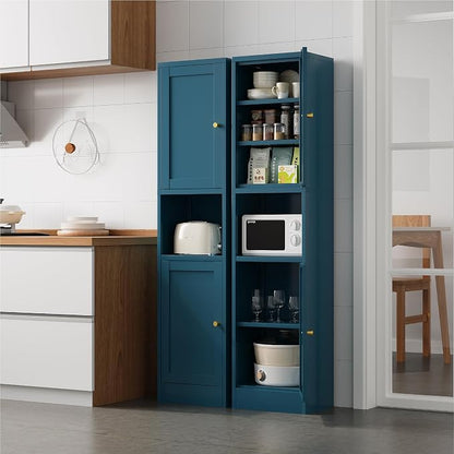 67" Tall Narrow Storage Cabinet with Doors and Open Shelf,Metal Pantry Cabinet,Shaker Style Slim Cabinet with Adjustable Shelves,for Bathroom Kitchen Laundry Small Spaces,Blue, 1Pc