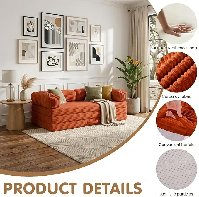 Convertible Sofa Bed Queen,5-in-1 Boneless Couch with Removable Armrests & Handle,Corduroy Futon Sleeper Sofa,Floor Folding Mattress Pull Out Bed for Small Space Apartment Living Room Bedroom,Orange