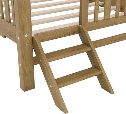 Merax Wood Twin Size Platform Bed with Guardrail and Trundle, Kids Bed Frame with Stairs, Walnut