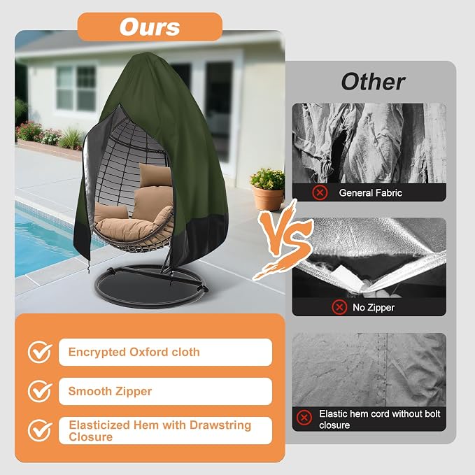 Egg Chair Cover Waterproof, 75x45 Inch Outdoor Hanging Egg Swing Chair Cover, Heavy Duty 420D Oxford Fabric, UV Resistant Windproof with Zipper & Drawstring, Fits Single Seat Egg Chair (Army Green)