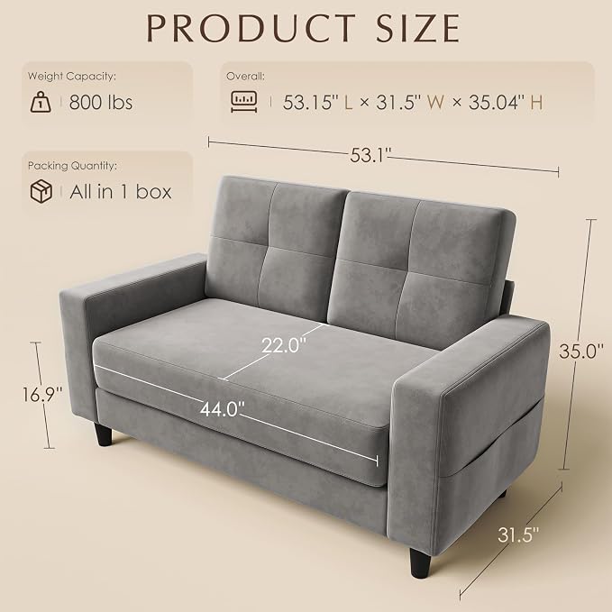 Loveseat Sofa丨53 inch Love Seat Small Couch for Small Space 丨7.5” Thick Seat Cushion Sofas for Bedroom丨Chenille Mini Couch for Apartment Light Grey
