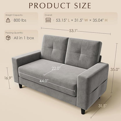 Loveseat Sofa丨53 inch Love Seat Small Couch for Small Space 丨7.5” Thick Seat Cushion Sofas for Bedroom丨Chenille Mini Couch for Apartment Light Grey