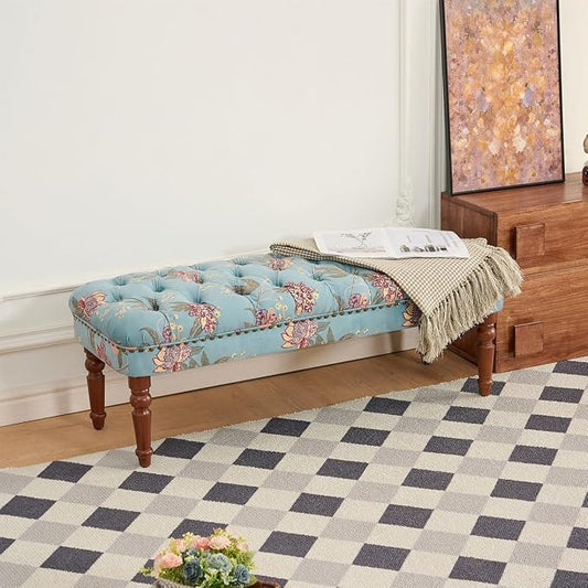 47" Upholstered Entryway Bench, Tufted Bench with Wood Leg, Floral Print Seating Benches Sofa for Balcony, Living Room, Bedroom (47" Bench)