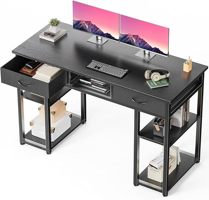 DUMOS 48" Small Computer Home Office Desk for Bedroom with Drawers, Gaming Writing Study Table with Storage Shelf, Adjustable Feet, Compact Desk for Gaming and Home Office Use, Black