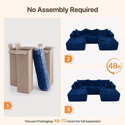 Claiks 104" Boneless Couch, Cloud Couch Sectional, U-Shape Corduroy Modular Sectional Sofa Deep Seat, Upholstered Couches for Living Room, No Assembly Required, Blue