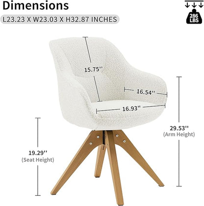 Art Leon Swivel Accent Chair - Mid Century Modern Desk Chair No Wheels, Boucle Fabric Upholstered Armchair with Natural Oak Wood Lges, White