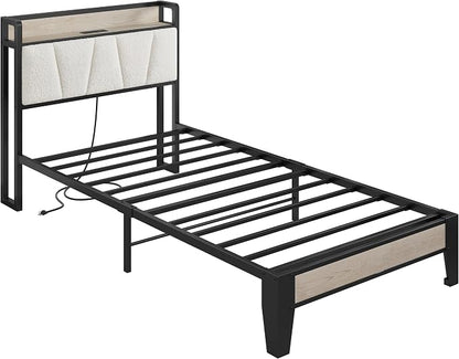 LIKIMIO Twin XL Bed Frames, Bouclé Storage Headboard with Charging Station, Solid and Stable, Noise Free, No Box Spring Needed, Easy Assembly