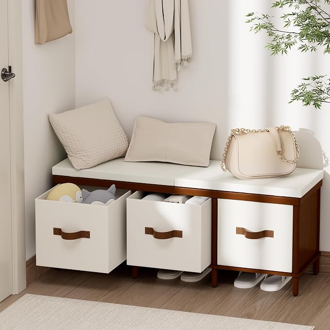 Storage Bench, 43.3" Bamboo Storage Chest with 3 Drawer, Entryway Bench with Cushioned Seat, Shoe Bench with Storage Toy Box, Toy Chest Storage Bench for Entryway, Living Room, Bedroom, Walnut