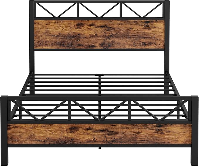 LIKIMIO Queen Bed Frame, Tall Industrial Headboard 51.2 ", Platform Bed Frame with Strong Metal Support, Solid and Stable, Noise Free, No Box Spring Needed, Easy Assembly, Vintage Brown