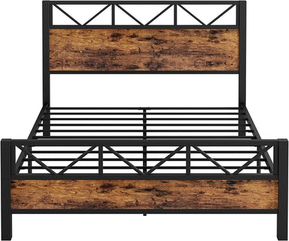 LIKIMIO Queen Bed Frame, Tall Industrial Headboard 51.2 ", Platform Bed Frame with Strong Metal Support, Solid and Stable, Noise Free, No Box Spring Needed, Easy Assembly, Vintage Brown