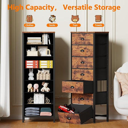 Furnulem Dresser for Bedroom, 7 Drawers Tall Chest of Drawers | Rustic Brown Storage Organizer, Fabric Bins, Metal Frame, Wood Desktop, Dorm Vertical Closet,Bedside Furniture in Living Room