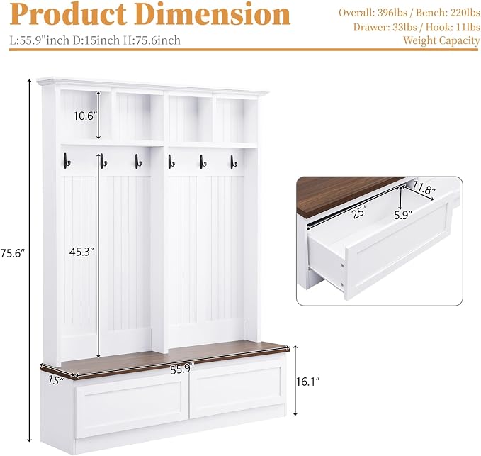 55.9" W Hall Tree with Bench and Shoe Storage,Shoe and Coat Rack with Drawer and Hooks,Farmhouse Furniture for Entryway,Mudroom,Living Room,White