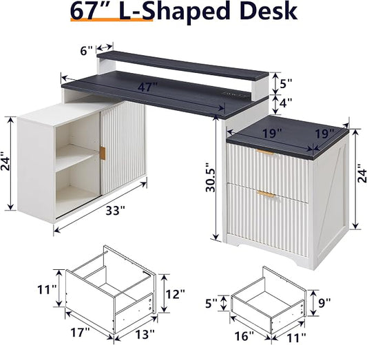 67"Fluted Desk with Cabinet & 2 Drawers, Modern Office Desk Built‑in Outlet | Wood Home Office Desk, storage cabinet with sliding doors, Fluted Computer Writing Desk, Antique White