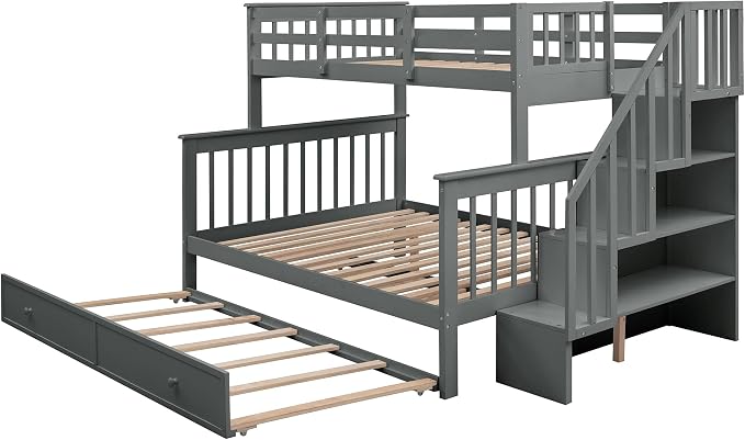 MERITLINE Twin Over Full Bunk Bed with Trundle, Storage Staircase,Solid Wood Bunk Bed with Stairs Box and Guardrail, No Spring Box Needed (Grey &Trundle,Twin Over Full)