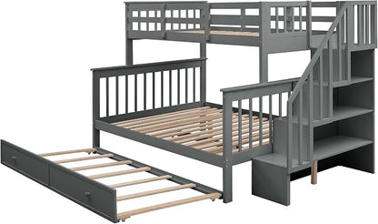 MERITLINE Twin Over Full Bunk Bed with Trundle, Storage Staircase,Solid Wood Bunk Bed with Stairs Box and Guardrail, No Spring Box Needed (Grey &Trundle,Twin Over Full)