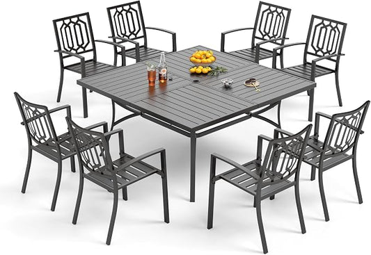 PHI VILLA 9 Pieces Outdoor Dining Set for 8, 57.5" Black Square Metal Table with Umbrella Hole & Stackable Wrought Iron Chairs, Large Outside Furniture Set for Patio, Deck, Yard, Porch