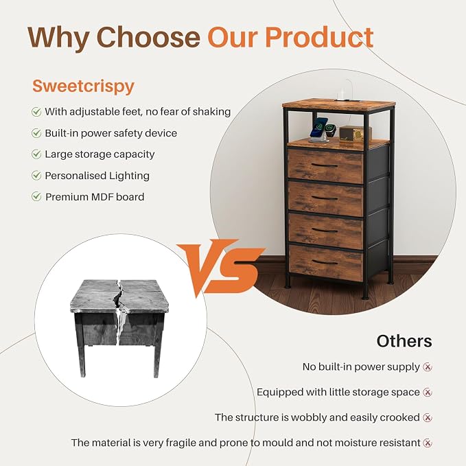 Sweetcrispy Nightstand with Charging Station, Bedside End Table with 4 Fabric Drawers, USB & Type-C Ports with AC Outlets, Adjustable Feet & Dimmable LED Light Strip, Modern Bedroom Furniture, Brown