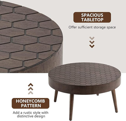 COSIEST Round Coffee Table Set of 2, Nesting Tables with Honeycomb Pattern, Modern End Table for Living Room, Farmhouse, Brown