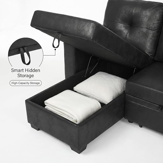 TYBOATLE Convertible Sofa Bed Couch with Reversible Storage Chaise, 71" L Shaped Pull Out Couch Bed, Comfy Linen Fabric Sleeper Sofa for Living Room, Apartment & Guest Room (Black)