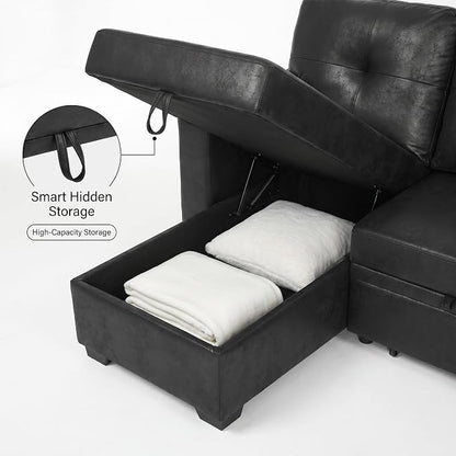 TYBOATLE Convertible Sofa Bed Couch with Reversible Storage Chaise, 71" L Shaped Pull Out Couch Bed, Comfy Linen Fabric Sleeper Sofa for Living Room, Apartment & Guest Room (Black)