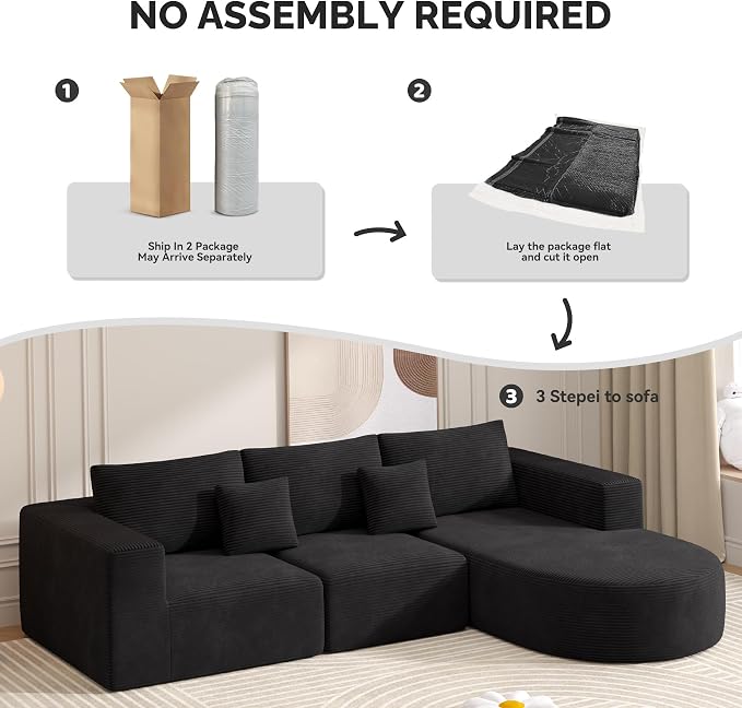 Boneless Couches for Living Room,Cloud Sectional Couch with L-Shape Chaise,Modern Modular Sofa with Deep Seat Upholstered Comfy Couches for Bedroom,No Assembly Required,1PCS