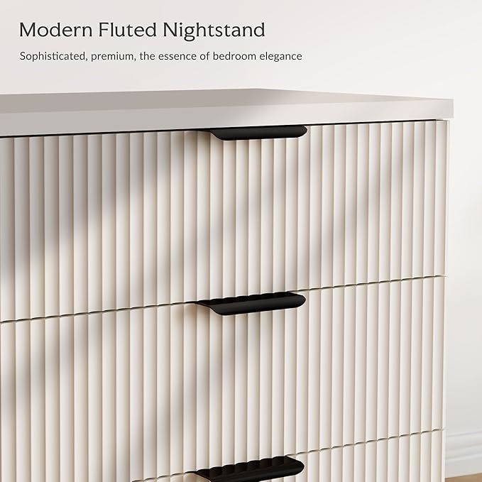 25.6" W Fluted Nightstand with 3 Drawer, Modern Wood Night Stands Bedside Table for Bedroom King/Queen Bed, End Table with Robot-Friendly Legs for Living Room,Entry (3 Drawers-1pcs-White)
