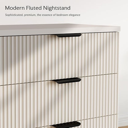25.6" W Fluted Nightstand with 3 Drawer, Modern Wood Night Stands Bedside Table for Bedroom King/Queen Bed, End Table with Robot-Friendly Legs for Living Room,Entry (3 Drawers-1pcs-White)