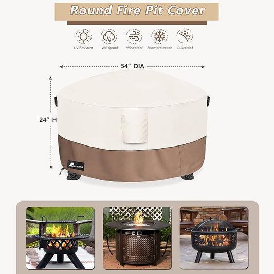 Fire Pit Cover Round 54 Inch Waterproof,Outdoor Heavy Duty Durable 600D Tear-Resistant Fire Pit Table Cover,Patio Round Firepit Cover 54" D x 24" H, Beige
