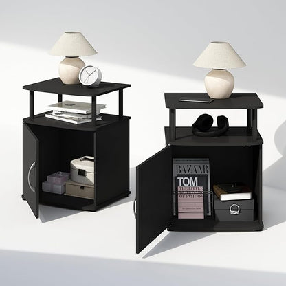 Furinno TIDUR Night Stand Set of 2, Nightstand with Open Shelf and Door Cabinet, Round Corner Bedside Table, End Table, Side Table, for Bedroom, Closet, Dorm, Black
