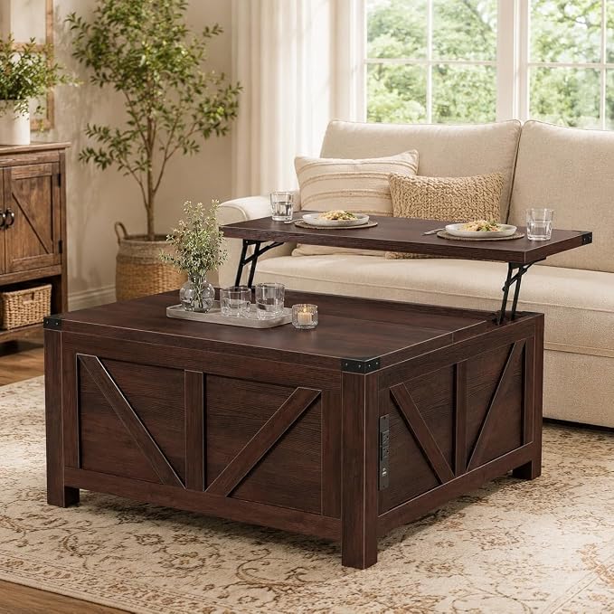 Simple Deluxe Lift Top Coffee Table with Storage, 35.5" Square Coffee Tables for Living Room, Farmhouse Coffee Table with Power Outlets, Coffee Tables with Lifting Top for Living Room (Brown)