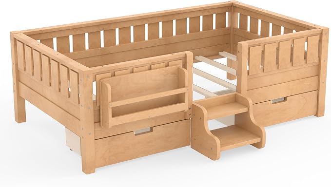 Bellemave Twin Size Kids Bed with high Rails and with Built-in Bookshelf and Drawers for Kids, Girls, Boys, Wood Montessori Bed Without Door, Light Natural