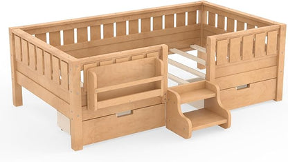Bellemave Twin Size Kids Bed with high Rails and with Built-in Bookshelf and Drawers for Kids, Girls, Boys, Wood Montessori Bed Without Door, Light Natural